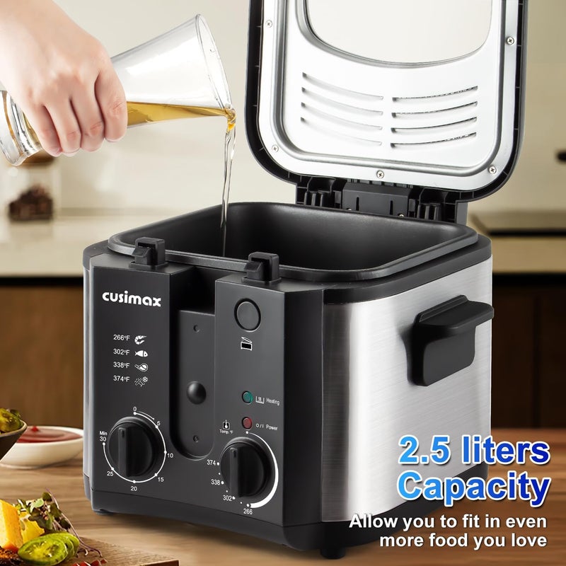 CUSIMAX Electric Deep Fryer for Home Use, 2.5 Liter 1500W Small Deep Fryer with Basket, Adjustable Temperature & Time, Lid with View Window and Odor Free Filter - Image 5